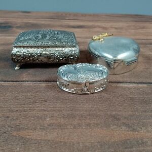 Ornate Silver Tone Trinket Jewelry Box Set Heart Square Vintage Style
